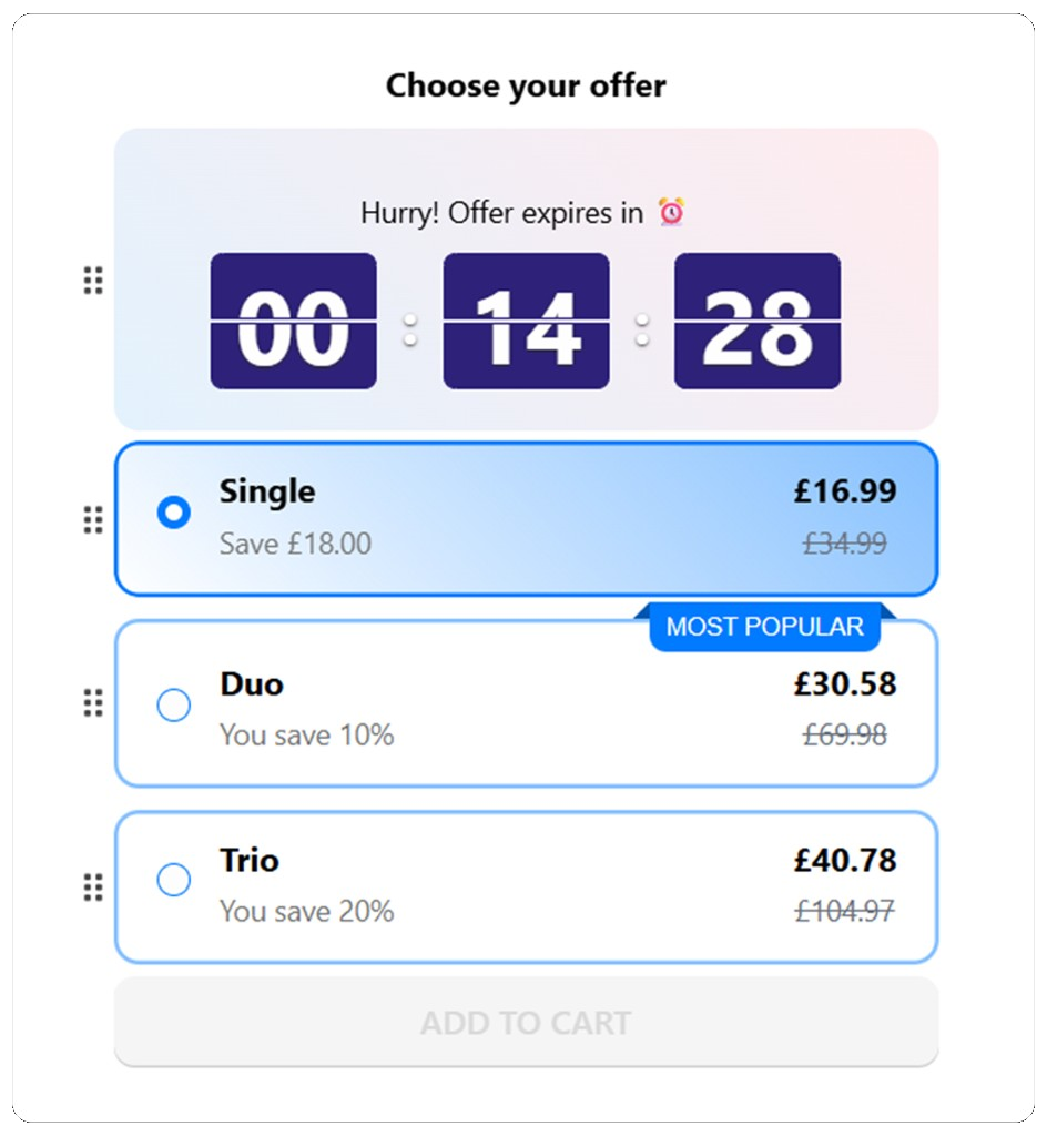 Countdown timer with Single, Duo, and Trio offer tiers