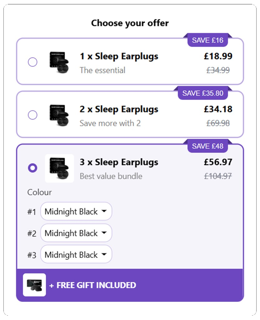 Volume discount tiers for Sleep Earplugs with free gift