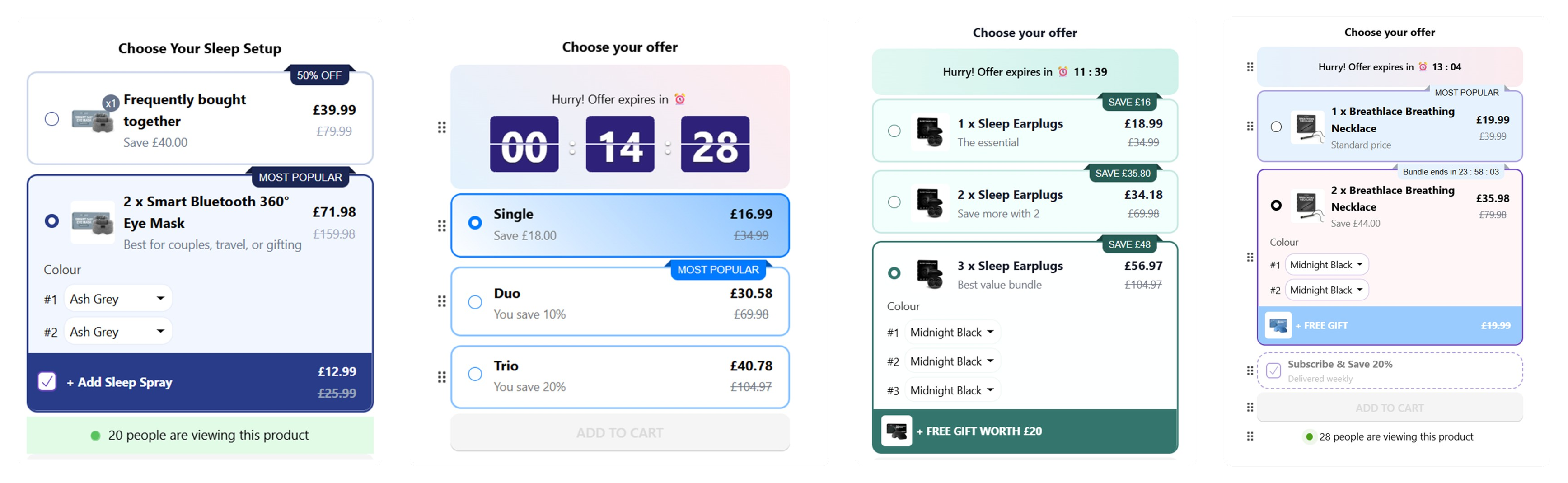 Bundle widgets styled to match your store — sleep setup, countdown offers, volume discounts, and subscribe and save