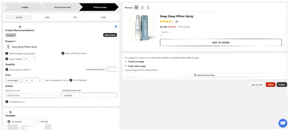 Thank you page upsell editor with product recommendations and live preview